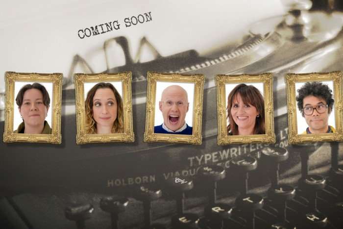 Taskmaster season 22 cast Chloe Petts, Isy Suttie, Matt Lucas, Nina Conti and Richard Ayoade in framed images all hung up as they all smile ahead.