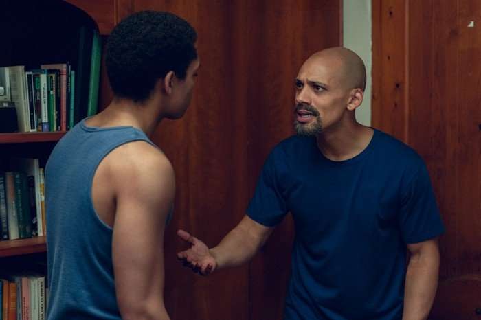 Max Fincham as Alex Hanscombe and Jordan Bolger as Andr&eacute; Hanscombe in The Witness arguing in the hallway of their home.
