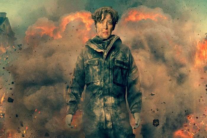Vicky McClure stars in Trigger Point season 3; in this key art, Lana Washington is emerging from an explosion, looking shellshocked and covered in soot and dust