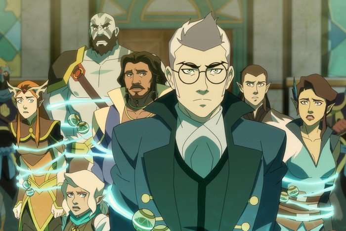 Keyleth (Marisha Ray), Pike (Ashley Johnson), Grog (Travis Willingham), Gilmore (Sunil Malhotra), Percy (Taliesin Jaffe), Vax (Liam O'Brien), and Vex (Laura Bailey) in The Legend of Vox Machina