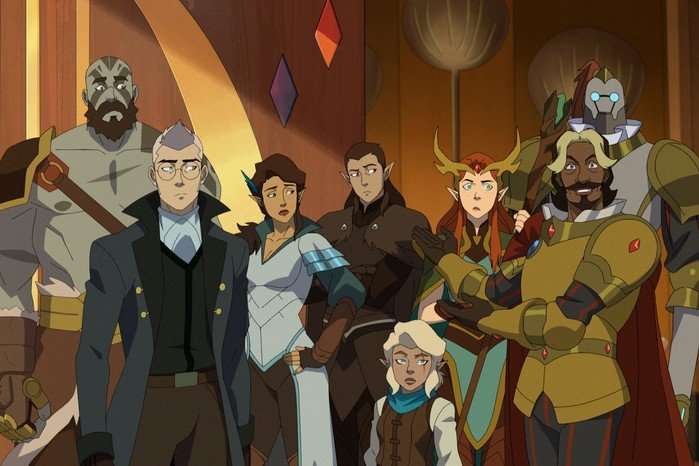 The main characters from The Legend of Vox Machina season 4 stand in a row, with surprised and intrigued expressions on their faces