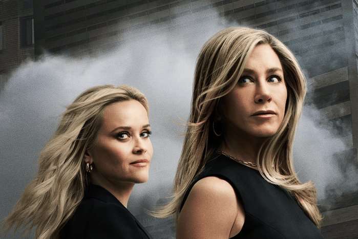 Reese Witherspoon as Bradley Jackson and Jennifer Aniston as Alex Levy walk the streets of Manhattan in The Morning Show season 4 poster.