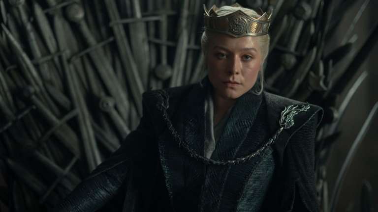 Emma D'arcy Rhaenyra Targaryen on Iron Throne in House of the Dragon