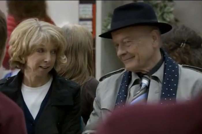Gail & Ted Helen Worth as Gail Platt and Michael Byrne as Ted Page in Coronation Street. Byrne's Ted wears a wide-brimmed black hat and grey jacket and tie.