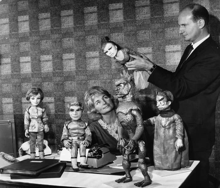 Gerry and Sylvia Anderson and the puppet 'cast' of Stingray Gerry and Sylvia Anderson and the puppet 'cast' of Stingray