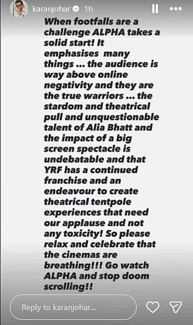 Karan Johar urges fans to support Alpha: "Celebrate that the cinemas are breathing"