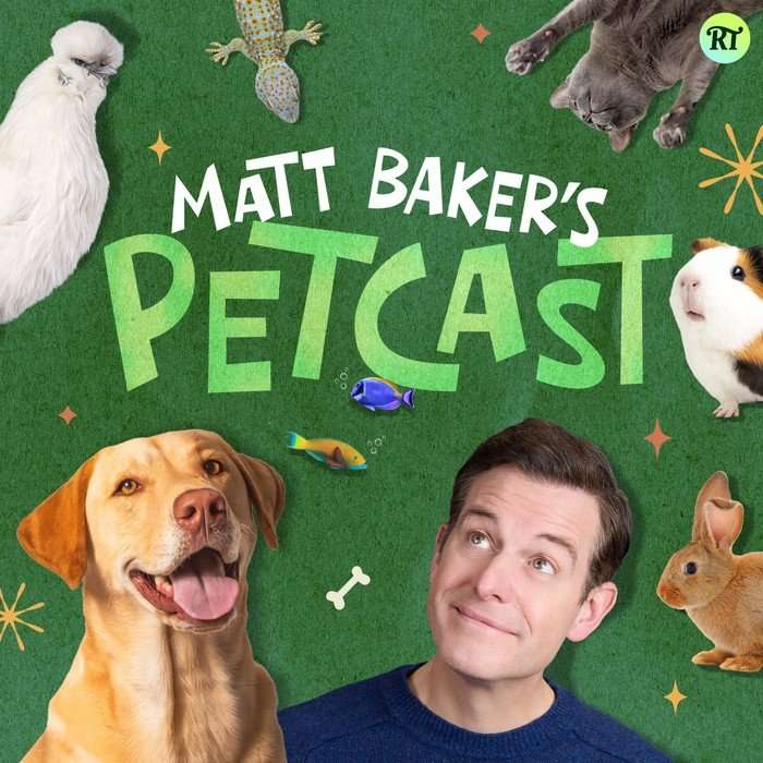 MBP-show-cover Colourful promotional artwork for Matt Baker’s Petcast, featuring Matt Baker smiling alongside a happy Labrador, surrounded by pets including a cat, rabbit, guinea pig, gecko, fish and a fluffy chicken on a green background.