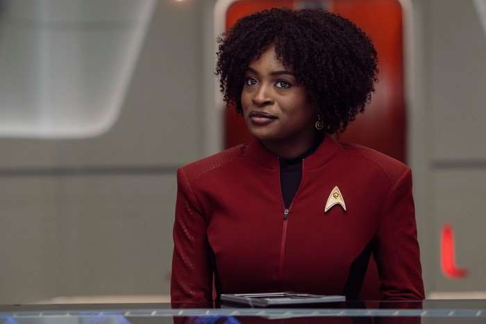 Celia Rose Gooding as Uhura in season 4, episode 1, of Star Trek: Strange New Worlds Celia Rose Gooding as Uhura in season 4, episode 1, of Star Trek: Strange New Worlds