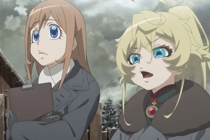 Tanya 1 An image of two girls stood next to each other in a snowy landscape in The Saga of Tanya the Evil season 2.