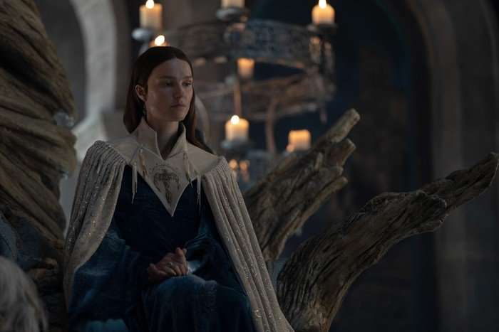 House of the Dragon amanda-collin Amanda Collin as Lady Jeyne Arryn seated on a throne in House of the Dragon season 3.