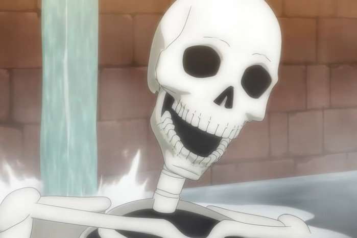 arc-skeleton-knight-season-2 A close-up of Arc without his armor in a hot spring in Skeleton Knight in Another World season 2