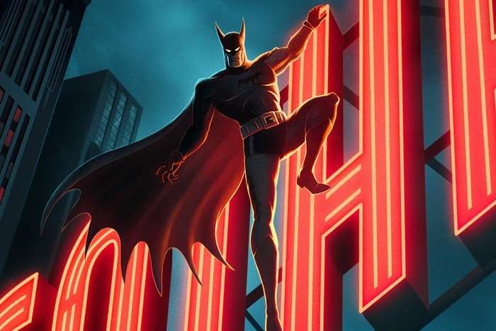 Batman hangs off a neon sign reading 'GOTHAM' on a dark night