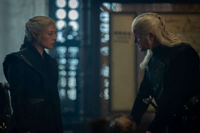 House of the Dragon emma-d-arcy-matt-smith- Emma D'Arcy as Queen Rhaenyra Targaryen and Matt Smith as King Consort Daemon Targaryen in House of the Dragon season 3.