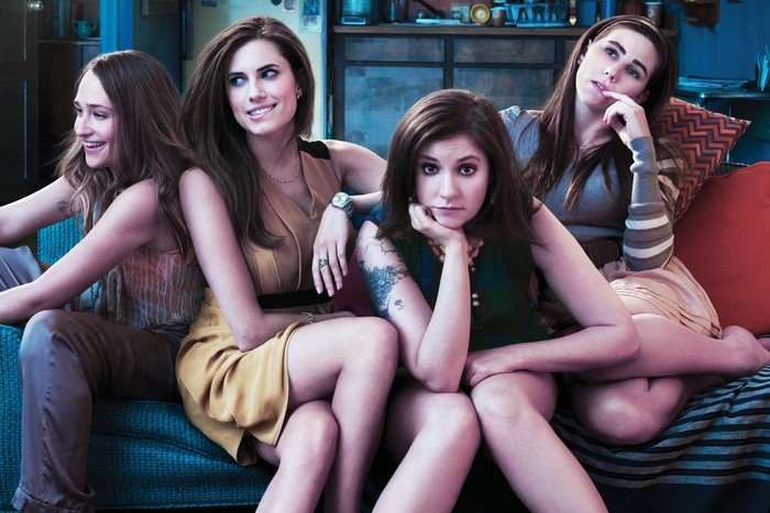 girls The main cast of Girls – Jemima Kirke, Alison Williams, Lena Dunham and Zosia Mamet, pose for the first season's main publicity still. They are all sharing a couch, in various poses and moods conveying aspects of their characters.