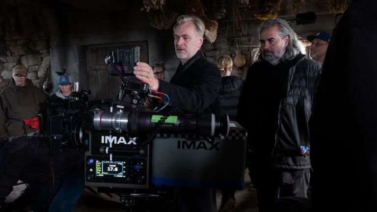 Director Christopher Nolan with cinematographer Hoyte van Hoytema on the set of The Odyssey